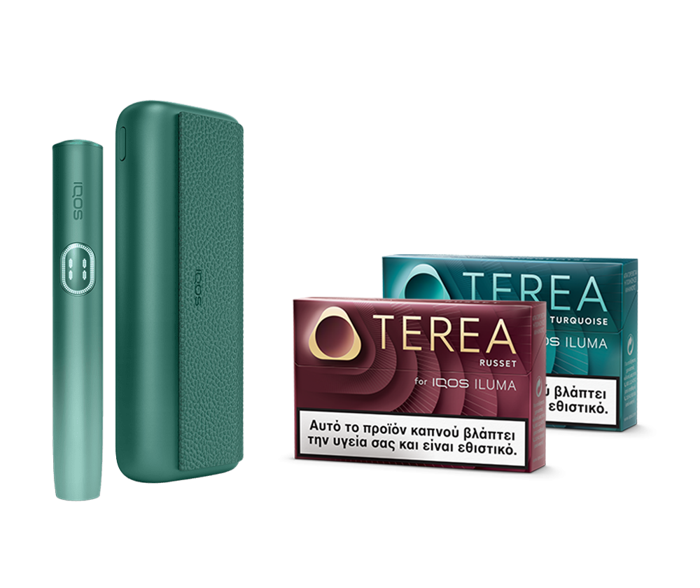 IQOS ILUMA i PRIME Aspen Green & two TEREA packs main